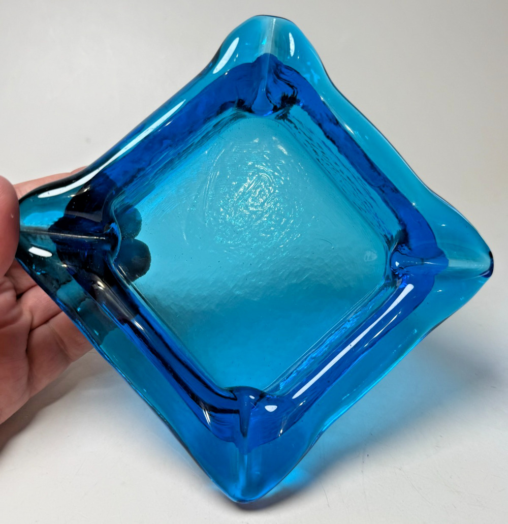 Vintage Mid Century Modern MCM Heavy Electric Blue Art Glass Ashtray Corner Rest